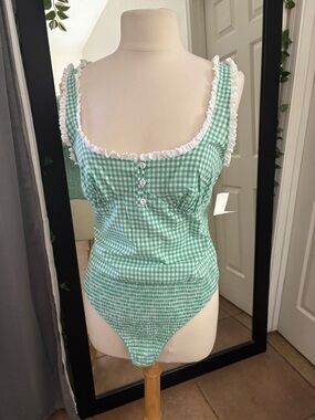 Free People Green Gingham Ruffle Trim Bodysuit